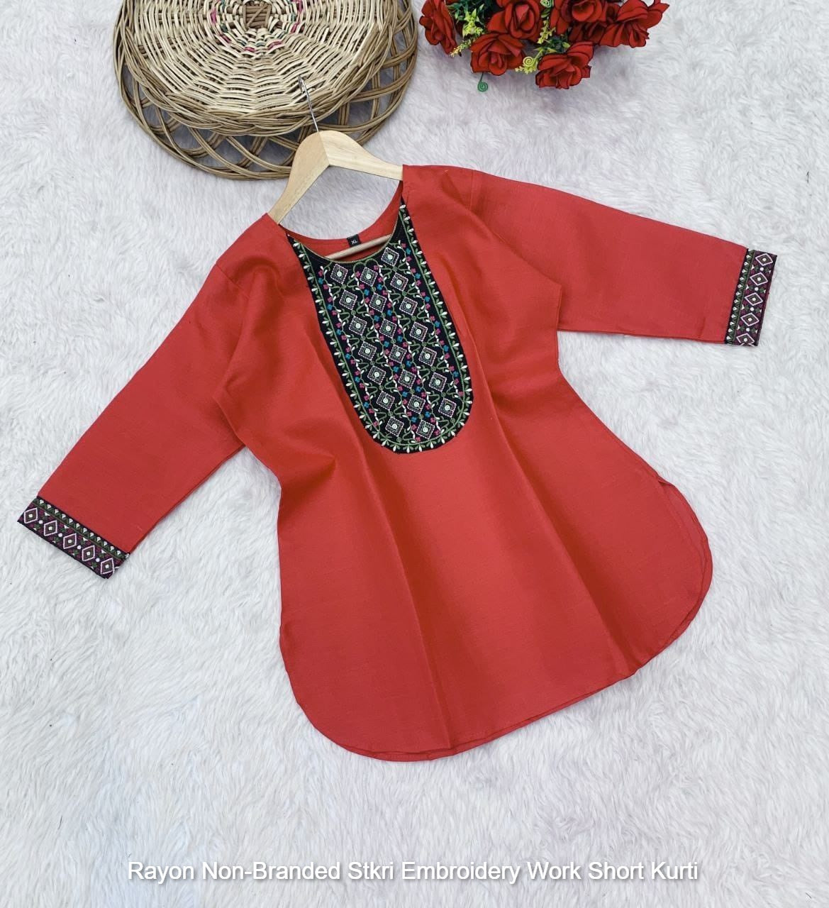 Rayon Non-Branded Stkri Embroidery Work Short Kurti