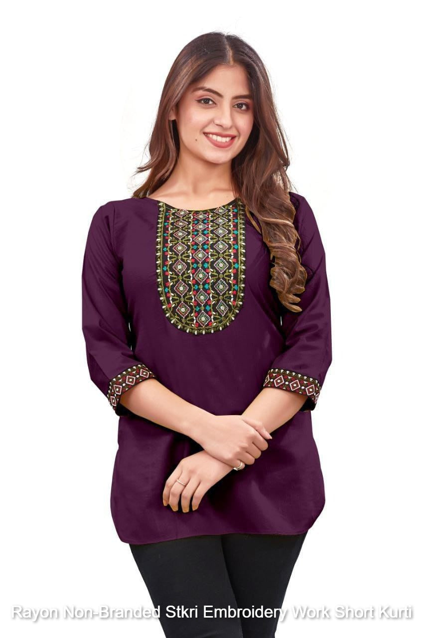 Rayon Non-Branded Stkri Embroidery Work Short Kurti