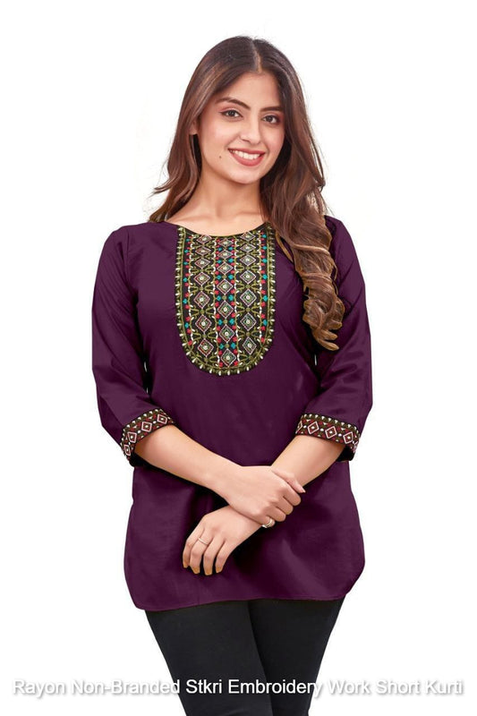 Rayon Non-Branded Stkri Embroidery Work Short Kurti