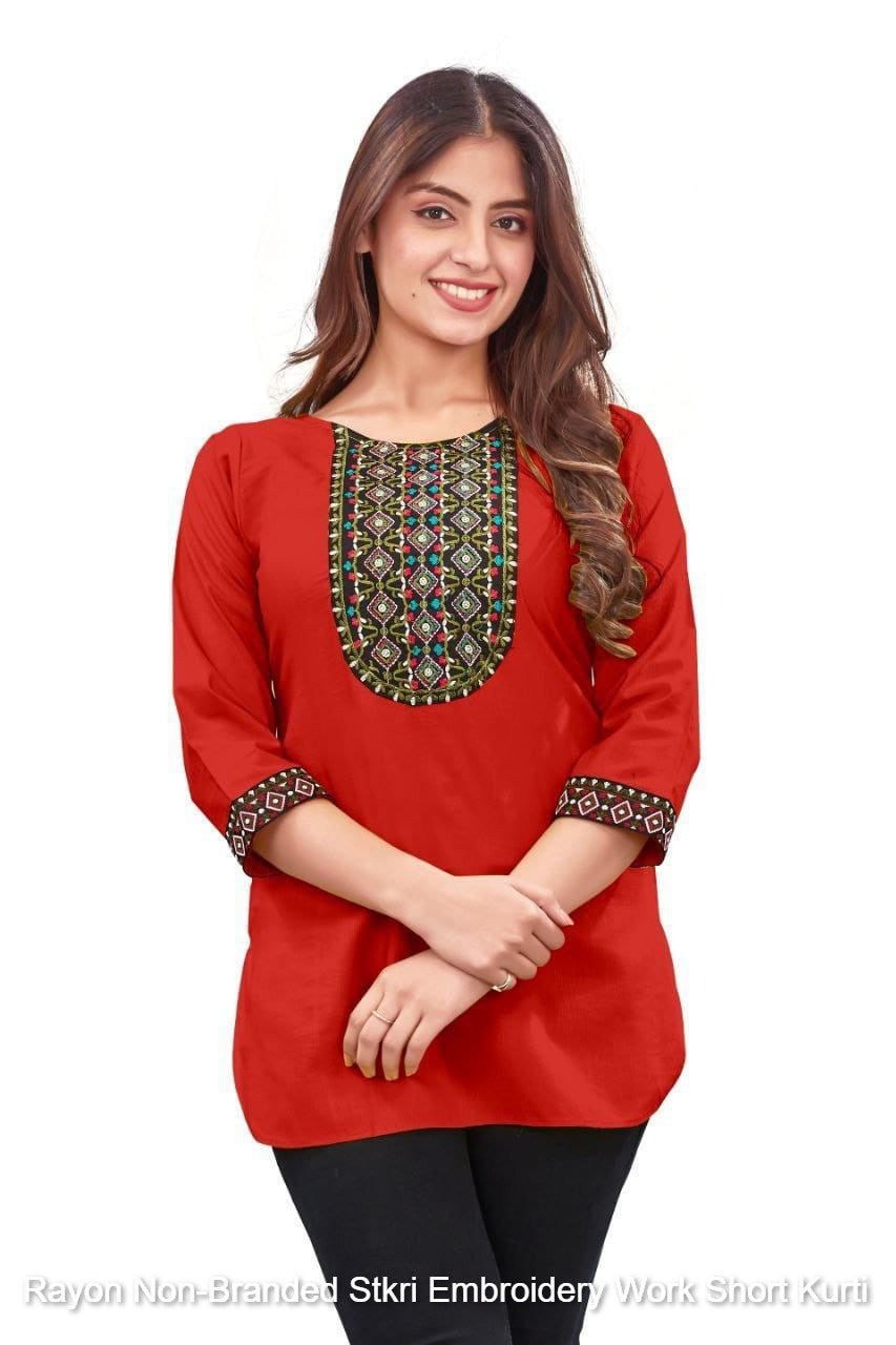 Rayon Non-Branded Stkri Embroidery Work Short Kurti