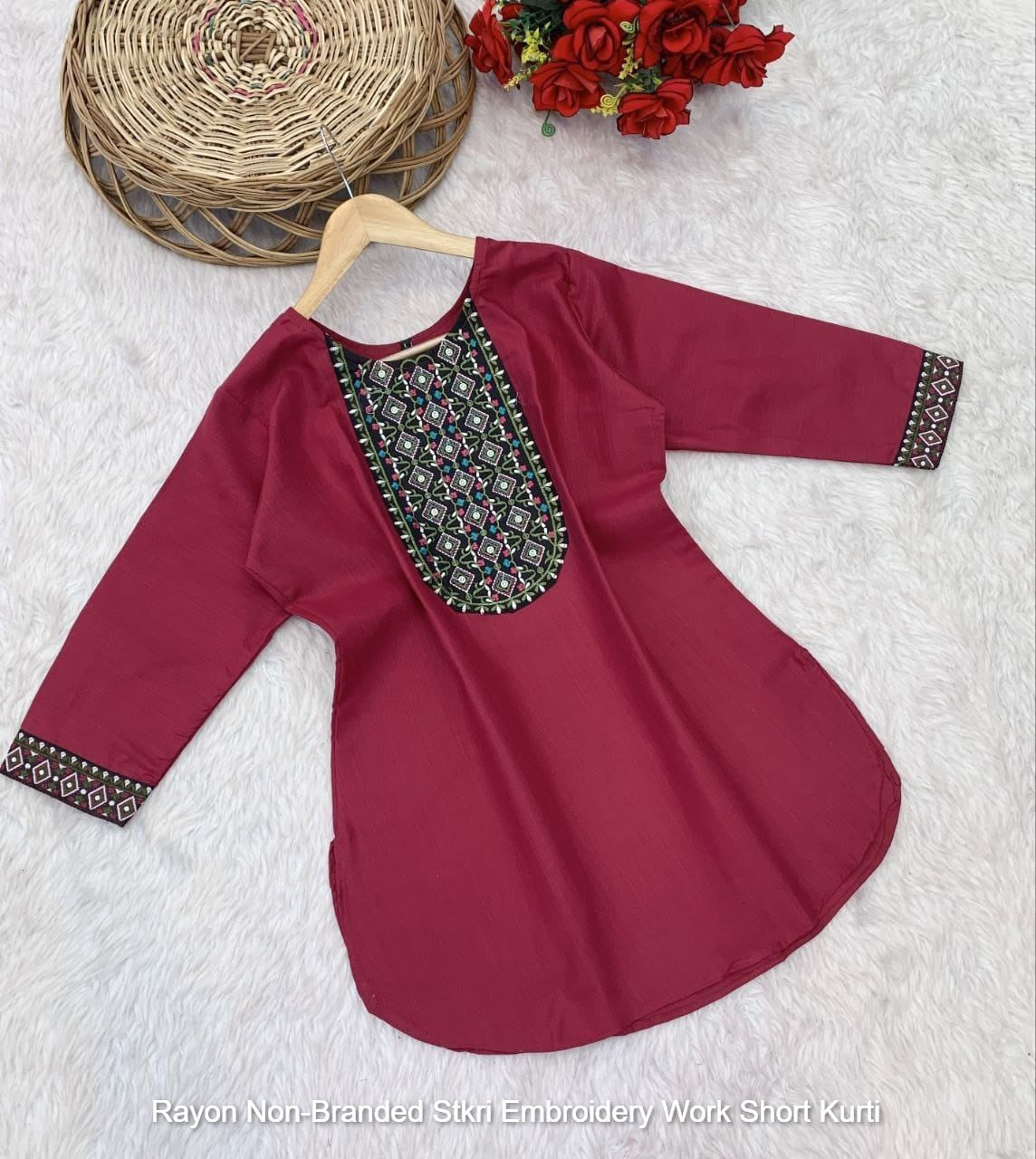Rayon Non-Branded Stkri Embroidery Work Short Kurti