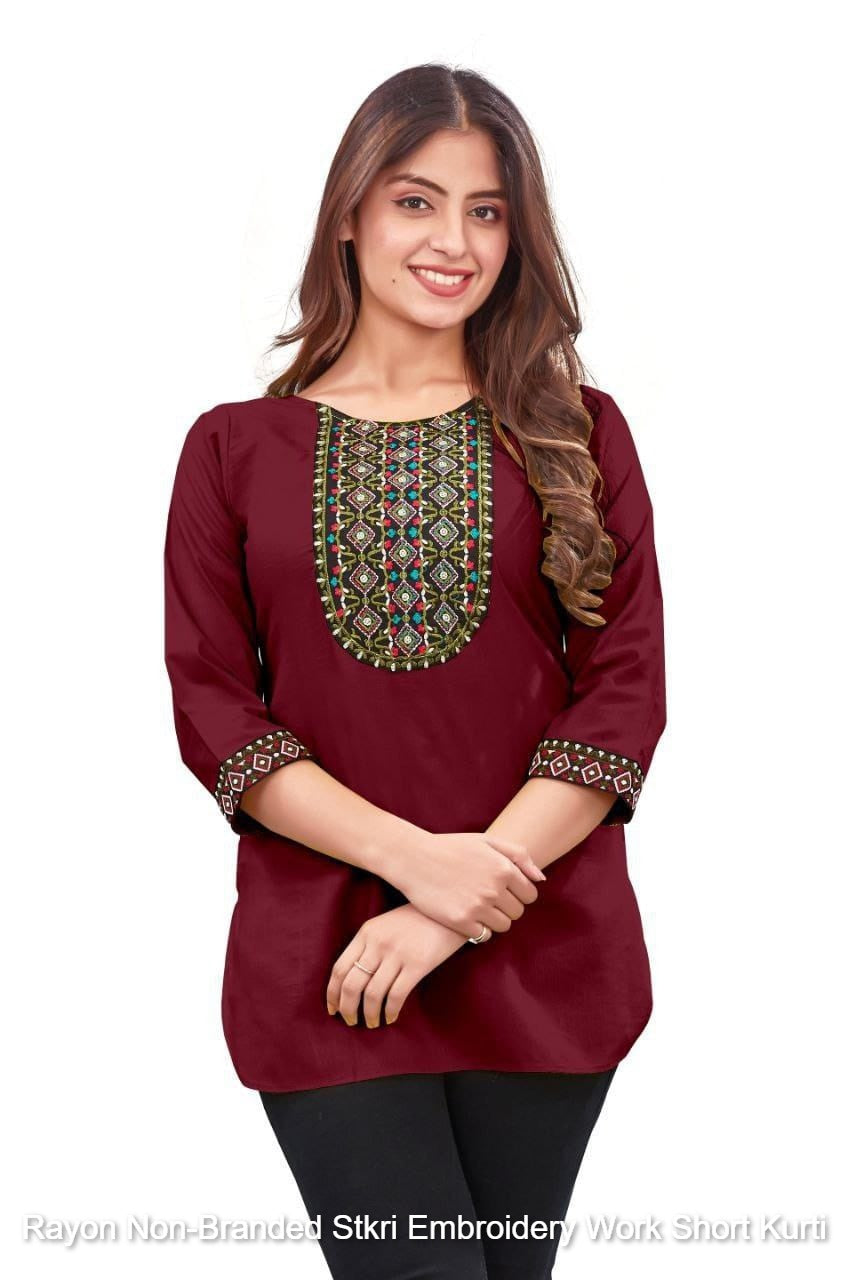 Rayon Non-Branded Stkri Embroidery Work Short Kurti