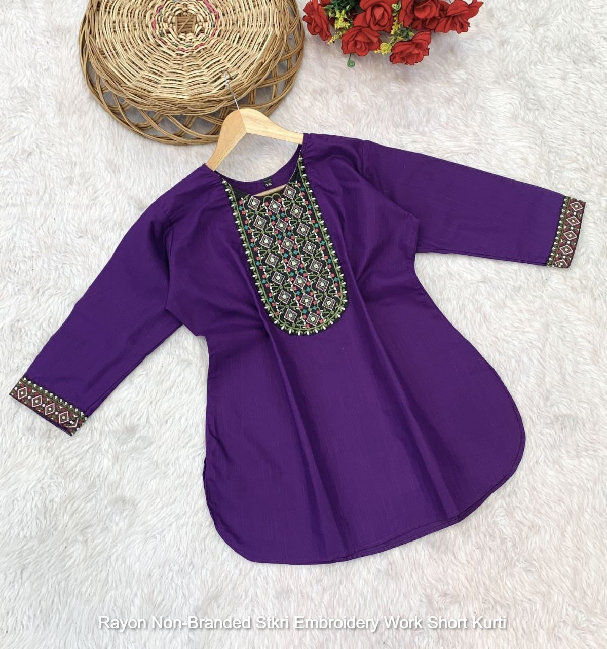 Rayon Non-Branded Stkri Embroidery Work Short Kurti