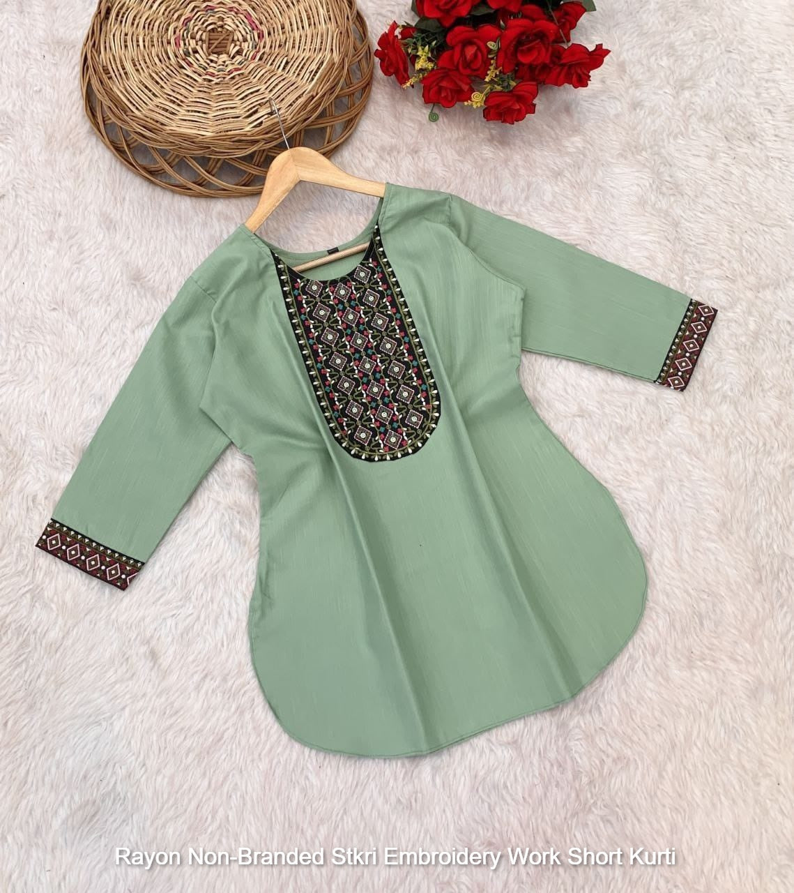 Rayon Non-Branded Stkri Embroidery Work Short Kurti