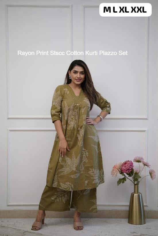 Rayon Print Stscc Cotton Kurti Plazzo Set