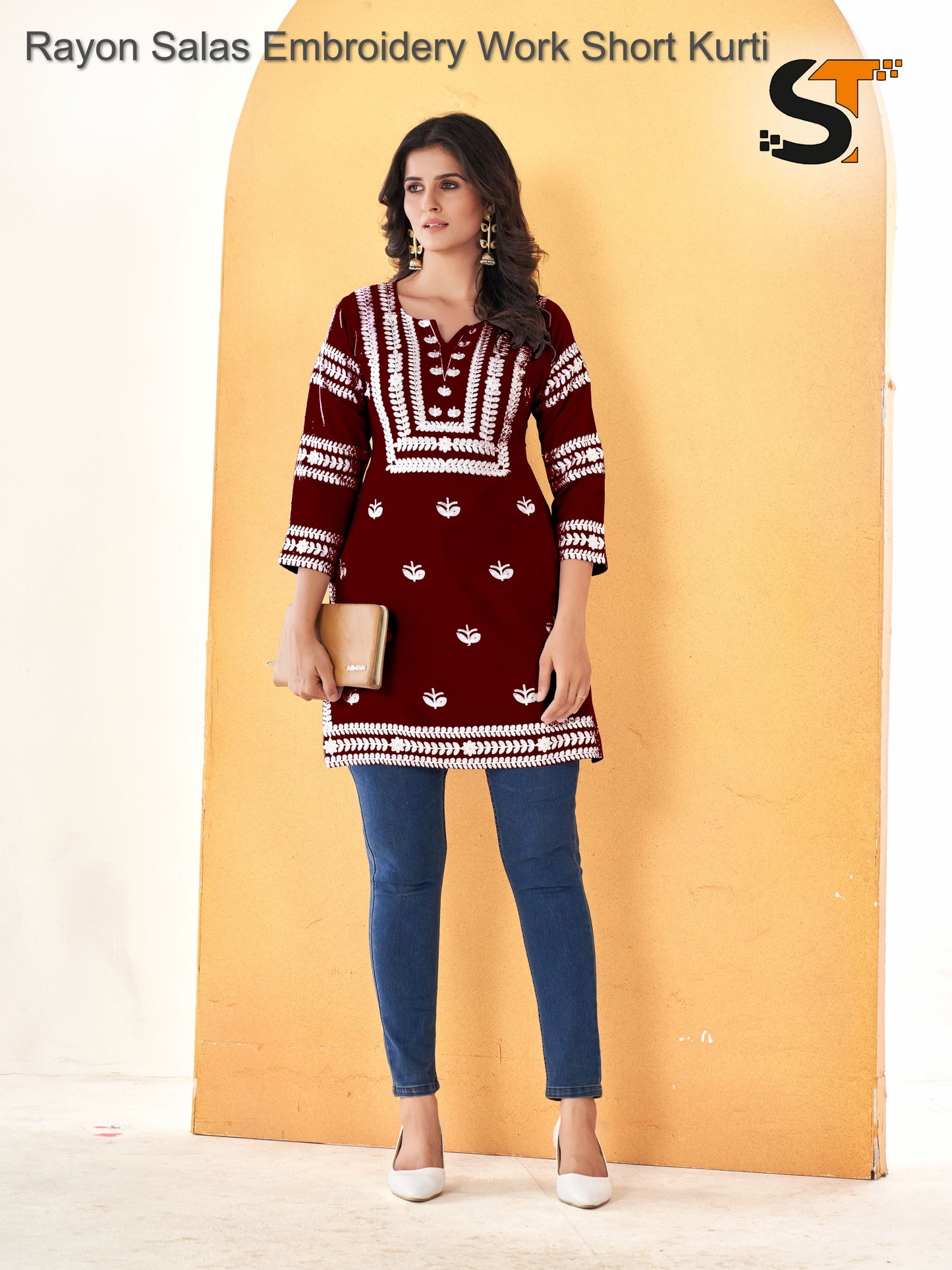 Rayon Salas Embroidery Work Short Kurti
