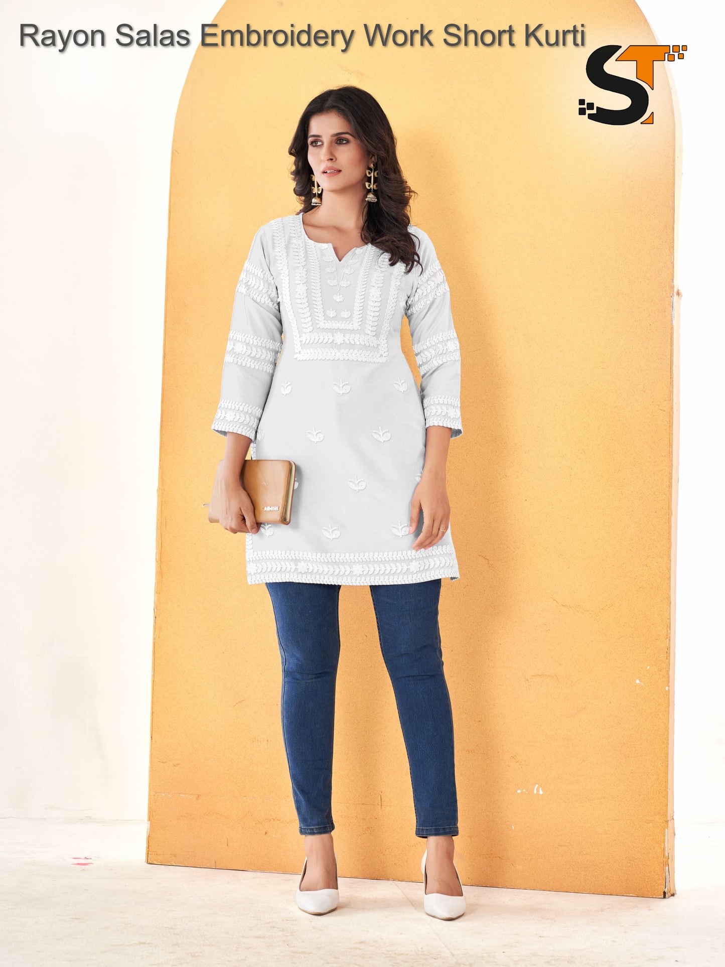 Rayon Salas Embroidery Work Short Kurti