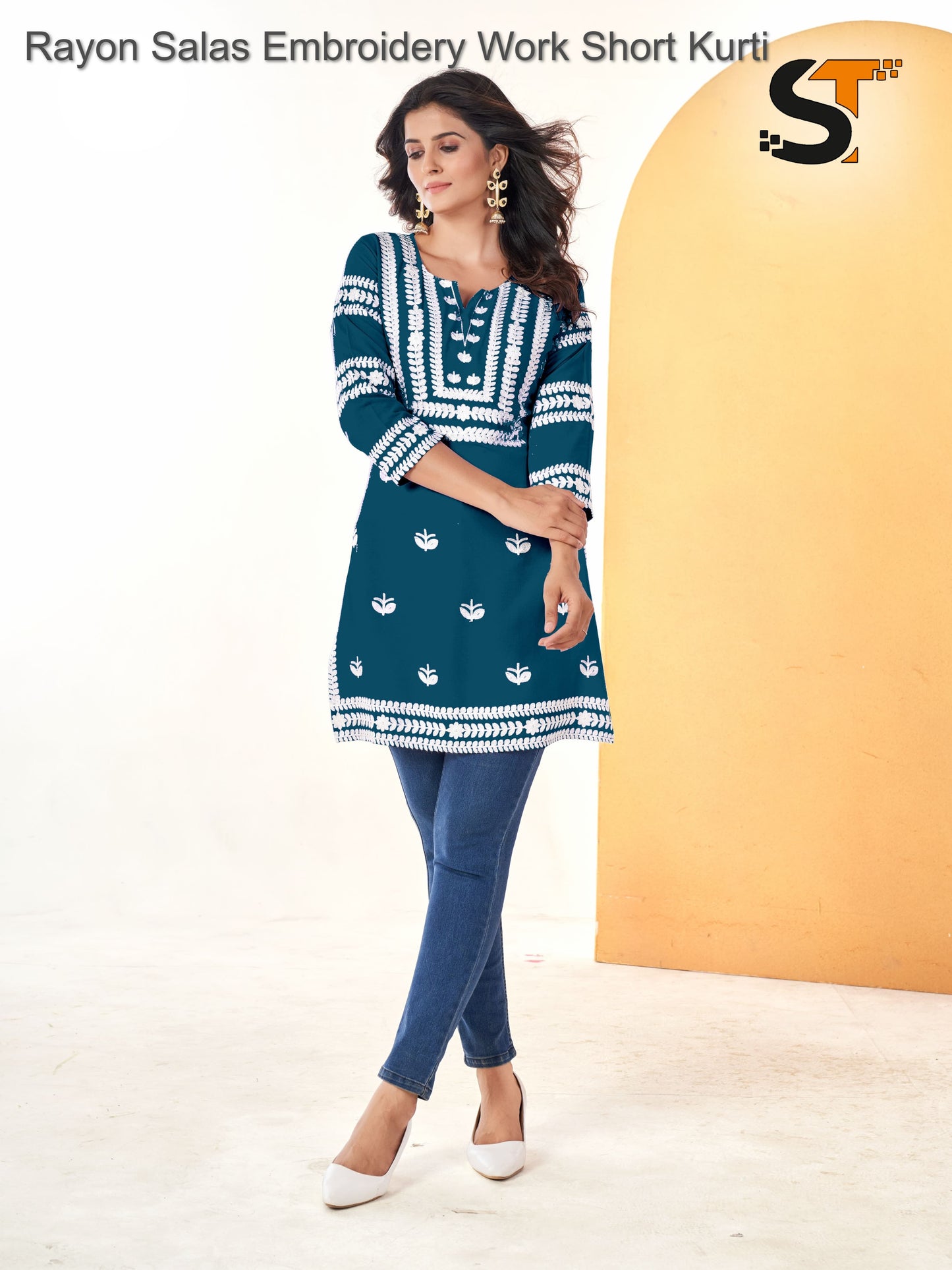 Rayon Salas Embroidery Work Short Kurti