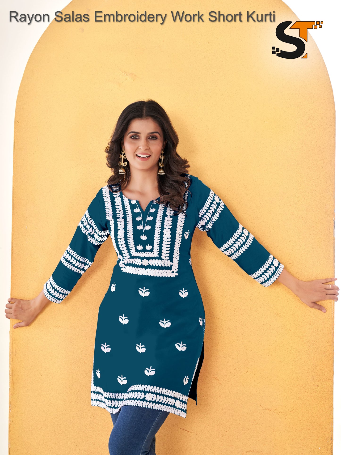 Rayon Salas Embroidery Work Short Kurti