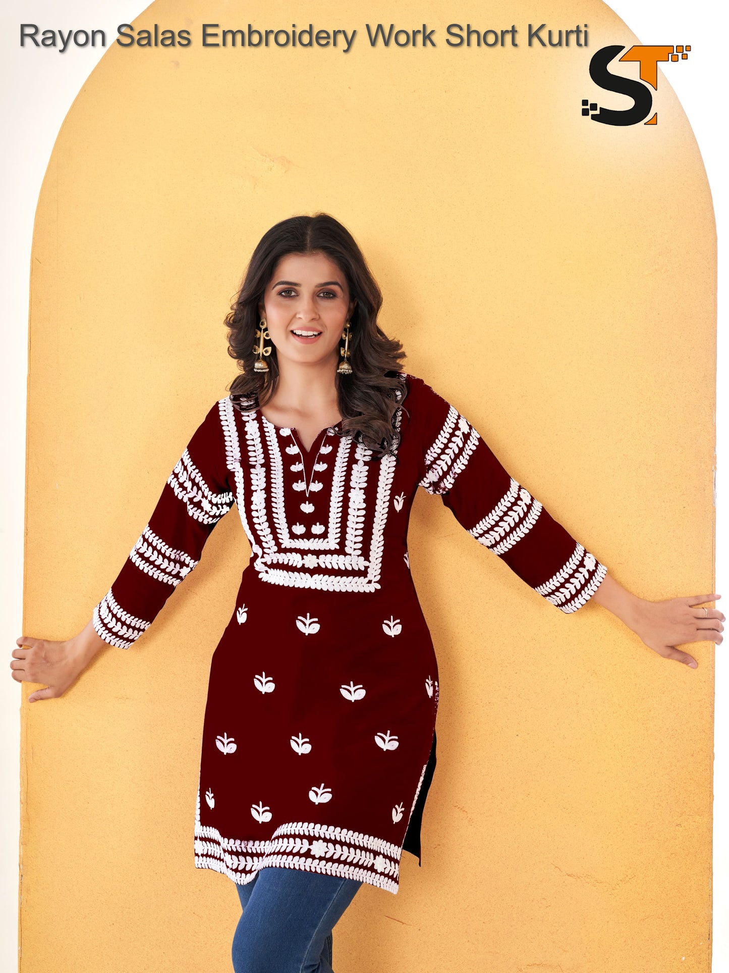 Rayon Salas Embroidery Work Short Kurti