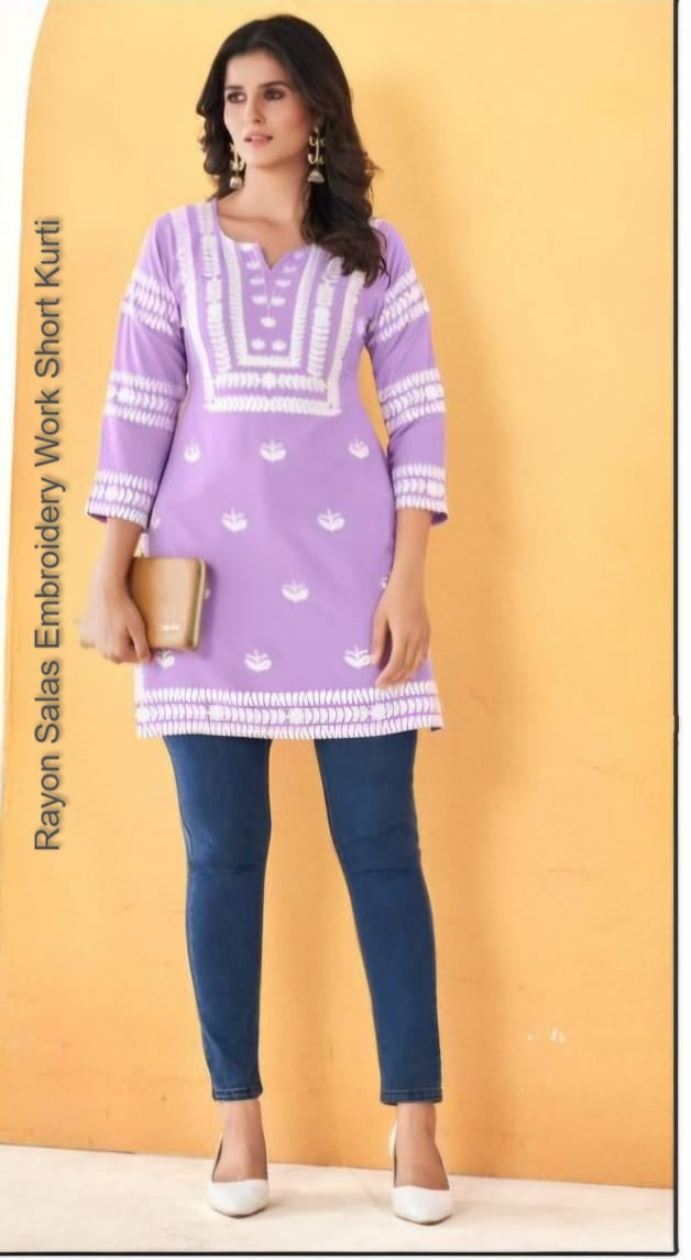 Rayon Salas Embroidery Work Short Kurti