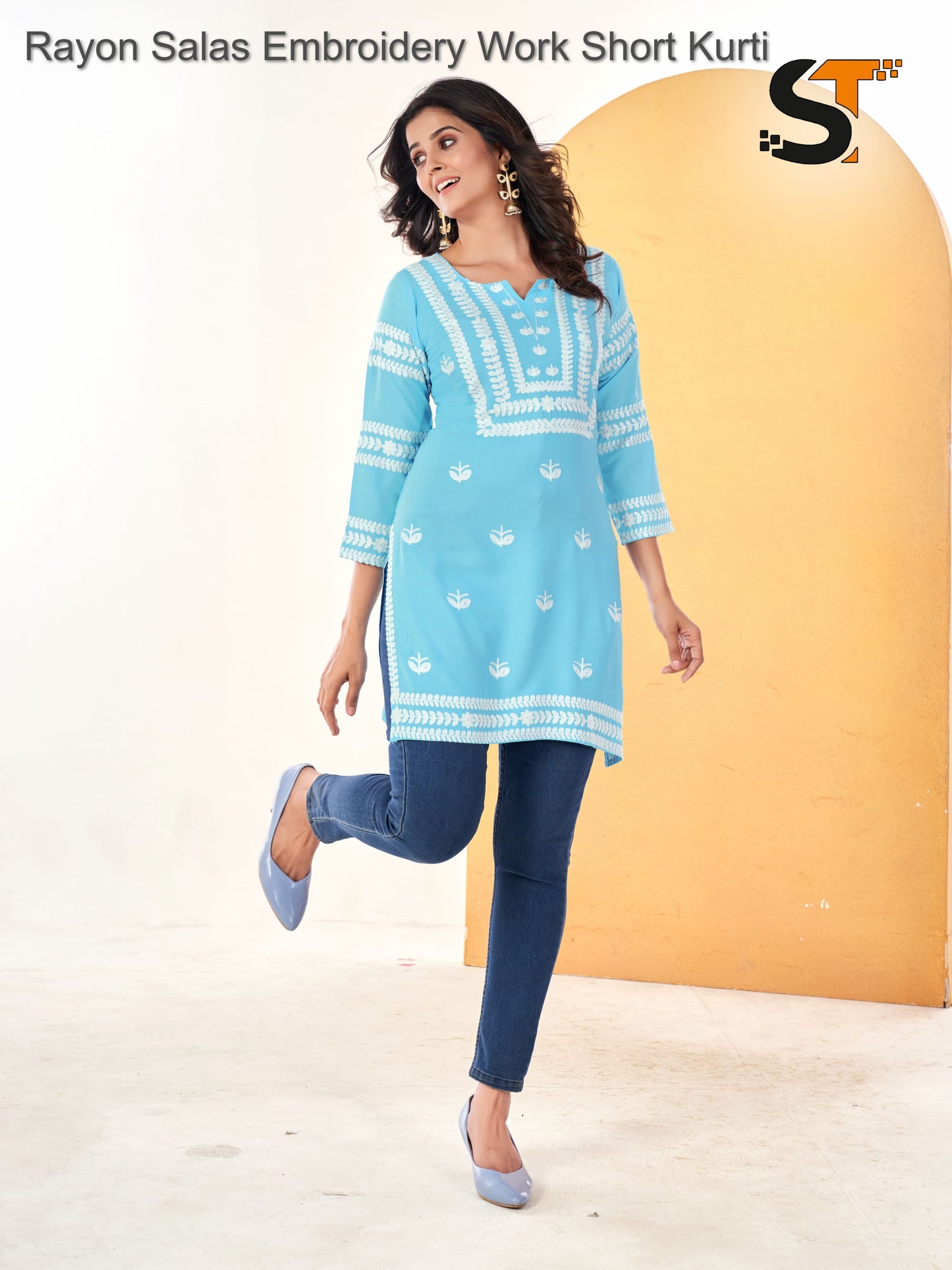 Rayon Salas Embroidery Work Short Kurti