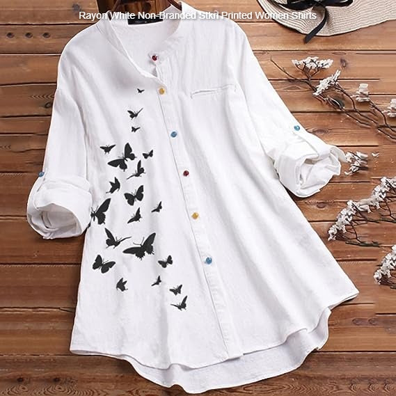 Rayon White Non-Branded Stkri Printed Women Shirts