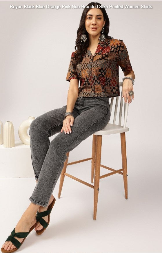 Reyon Black Blue Orange Pink Non-Branded Stkri Printed Women Shirts