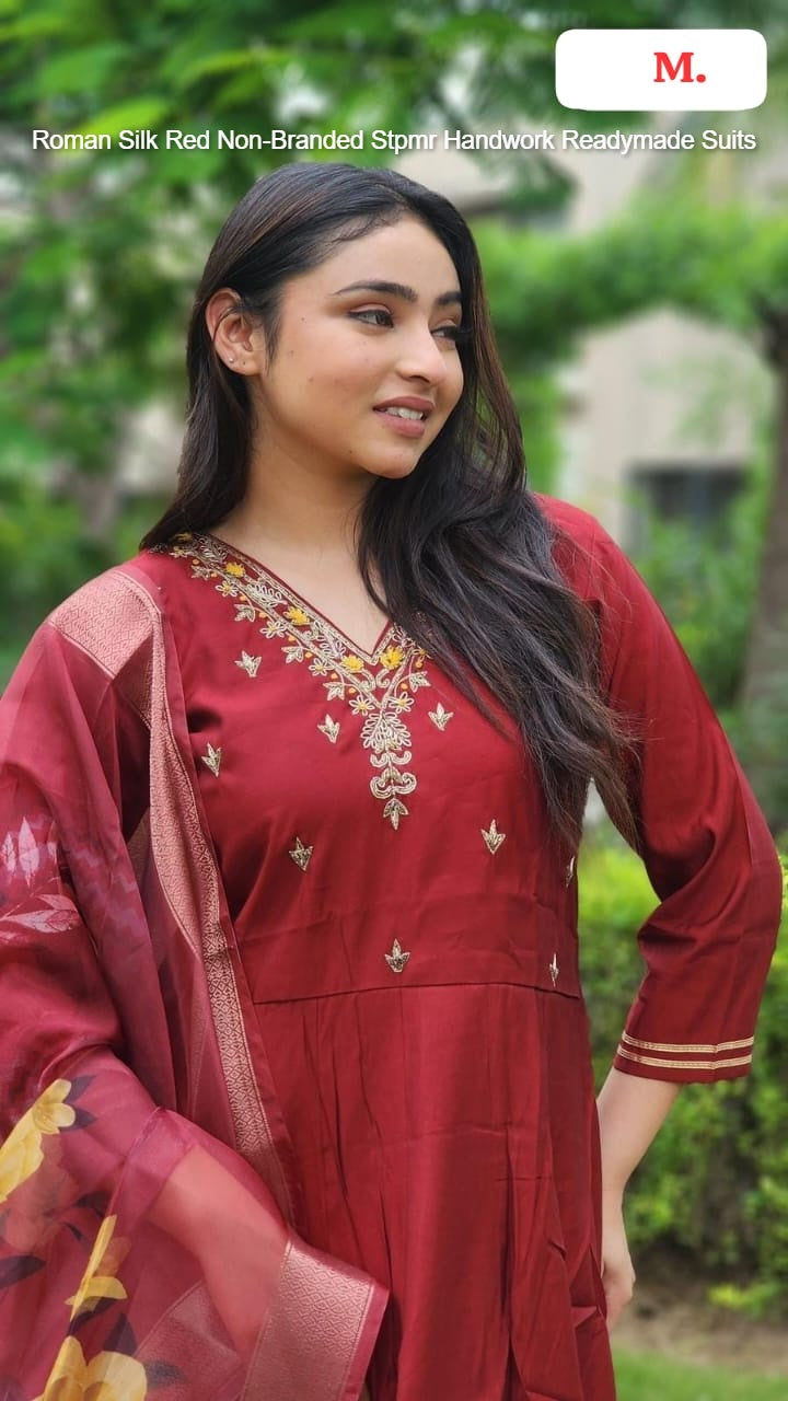 Roman Silk Red Non-Branded Stpmr Handwork Readymade Suits