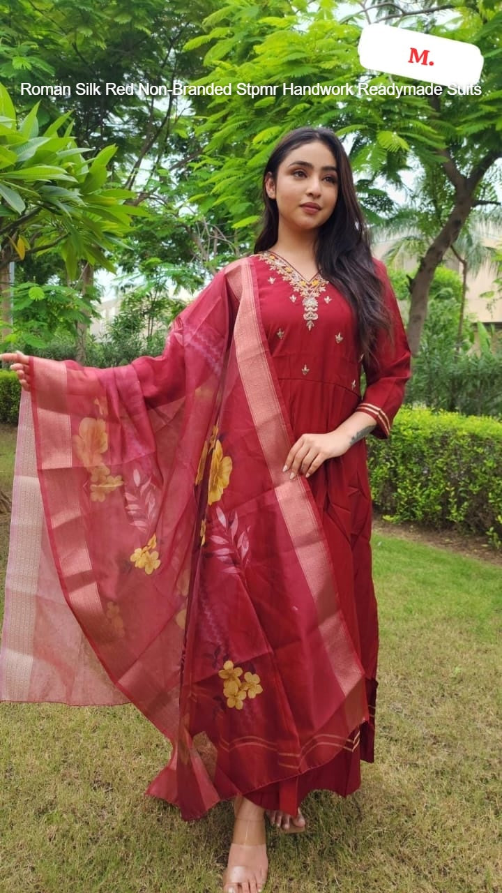 Roman Silk Red Non-Branded Stpmr Handwork Readymade Suits