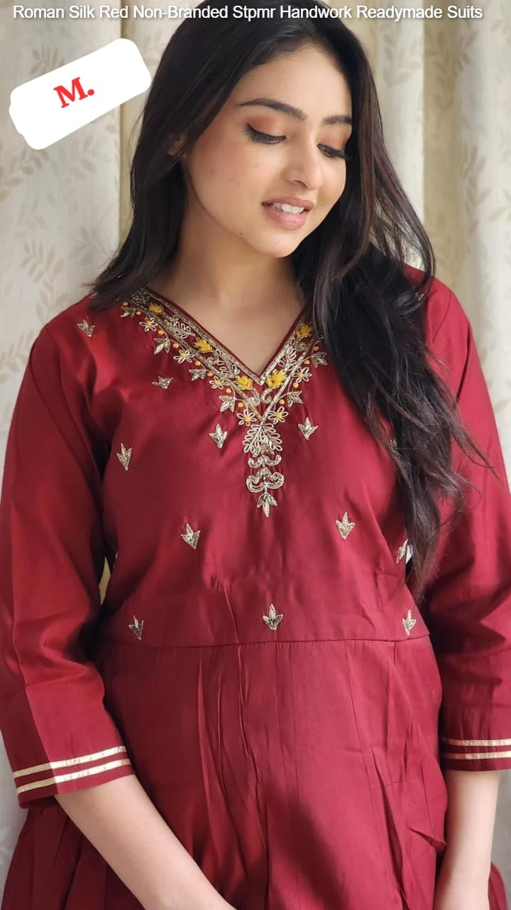 Roman Silk Red Non-Branded Stpmr Handwork Readymade Suits