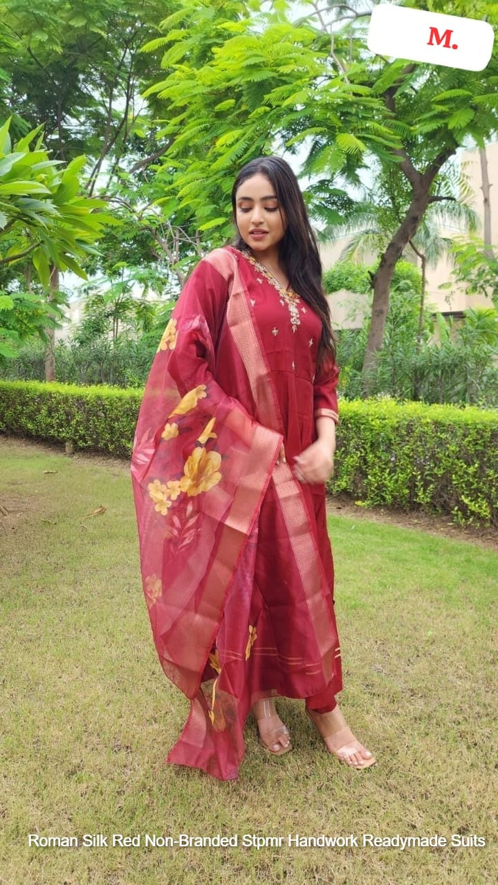 Roman Silk Red Non-Branded Stpmr Handwork Readymade Suits
