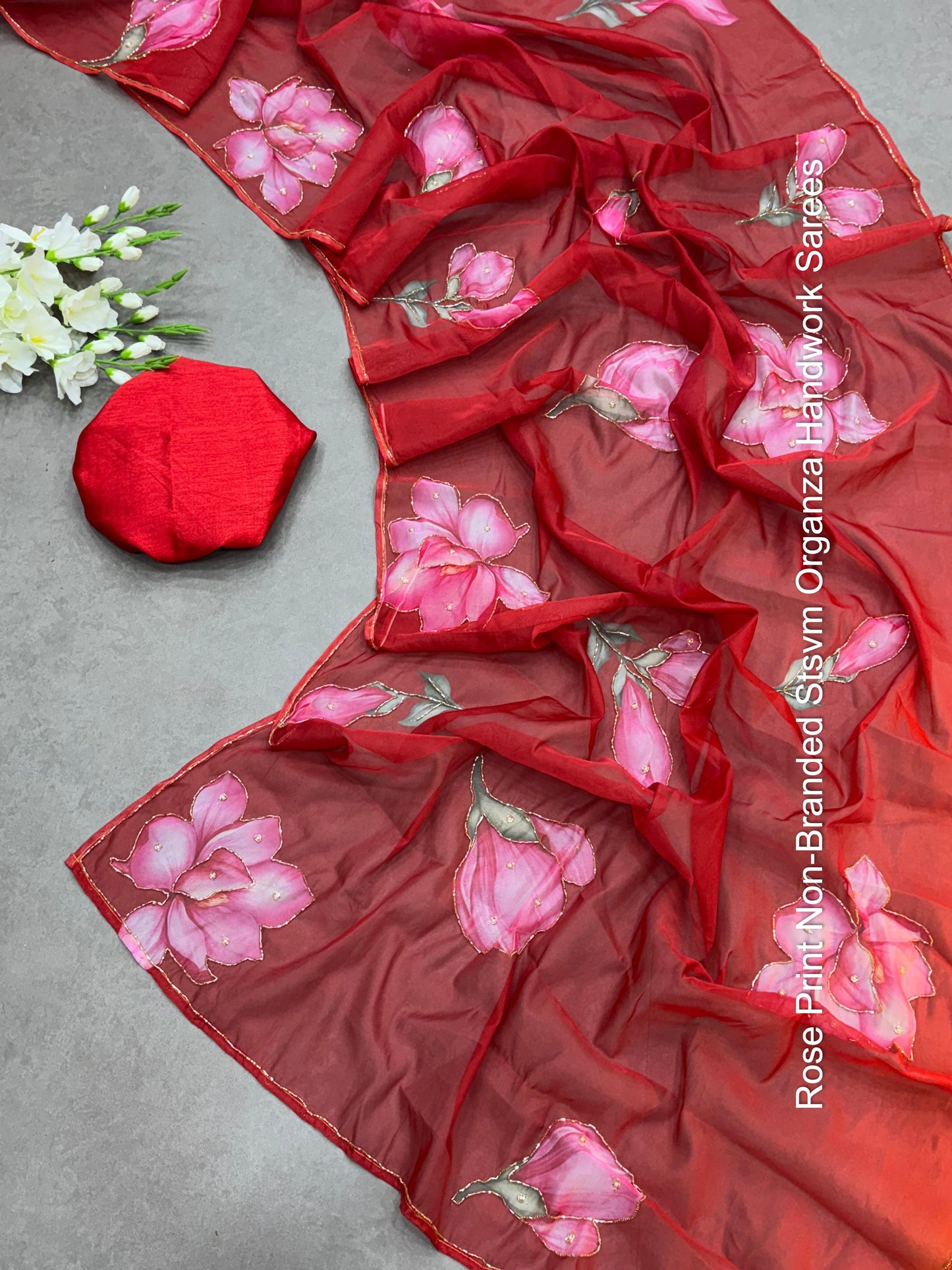 Rose Print Non-Branded Stsvm Organza Handwork Sarees