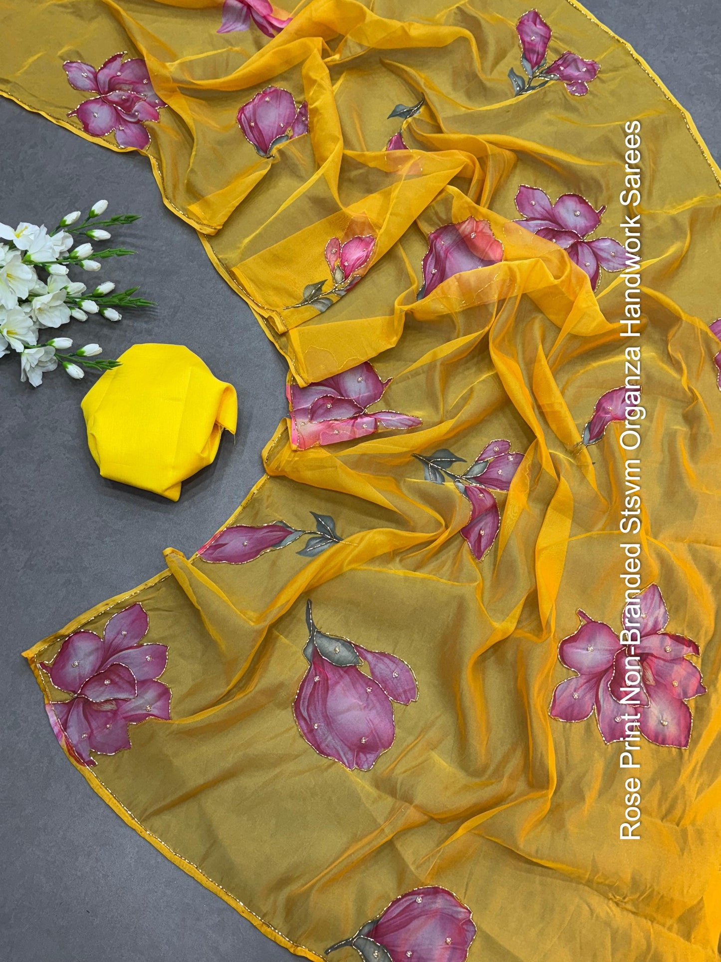 Rose Print Non-Branded Stsvm Organza Handwork Sarees