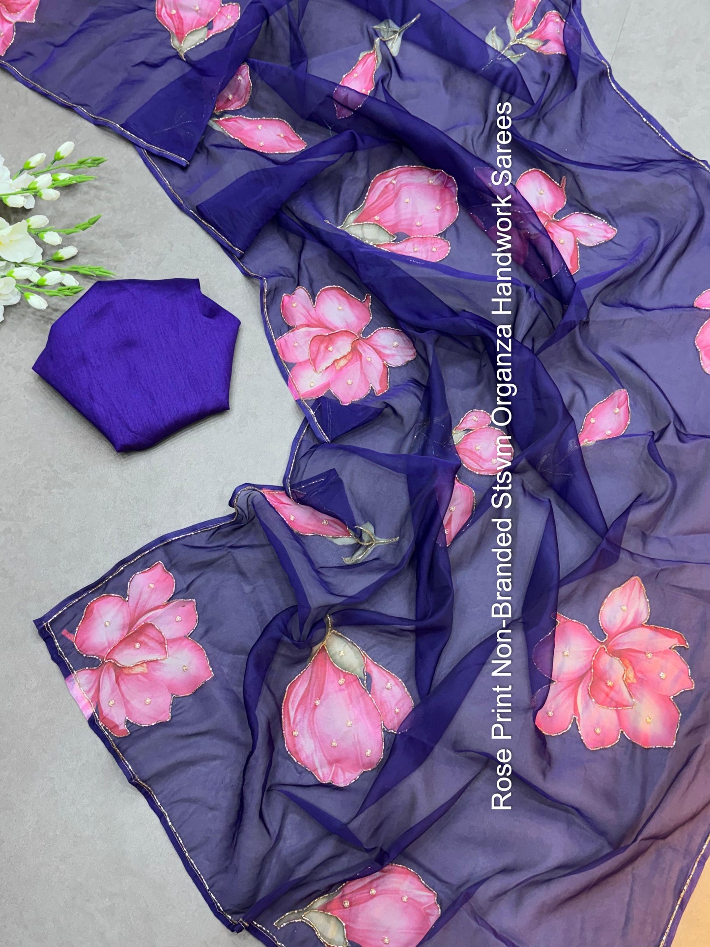 Rose Print Non-Branded Stsvm Organza Handwork Sarees