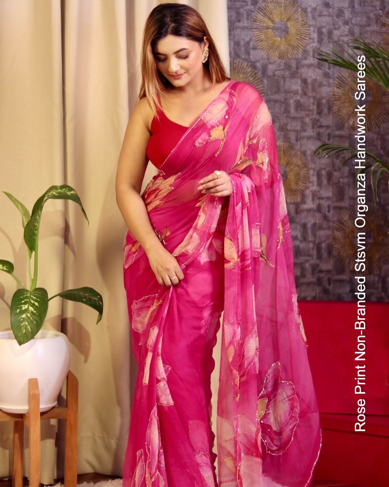 Rose Print Non-Branded Stsvm Organza Handwork Sarees