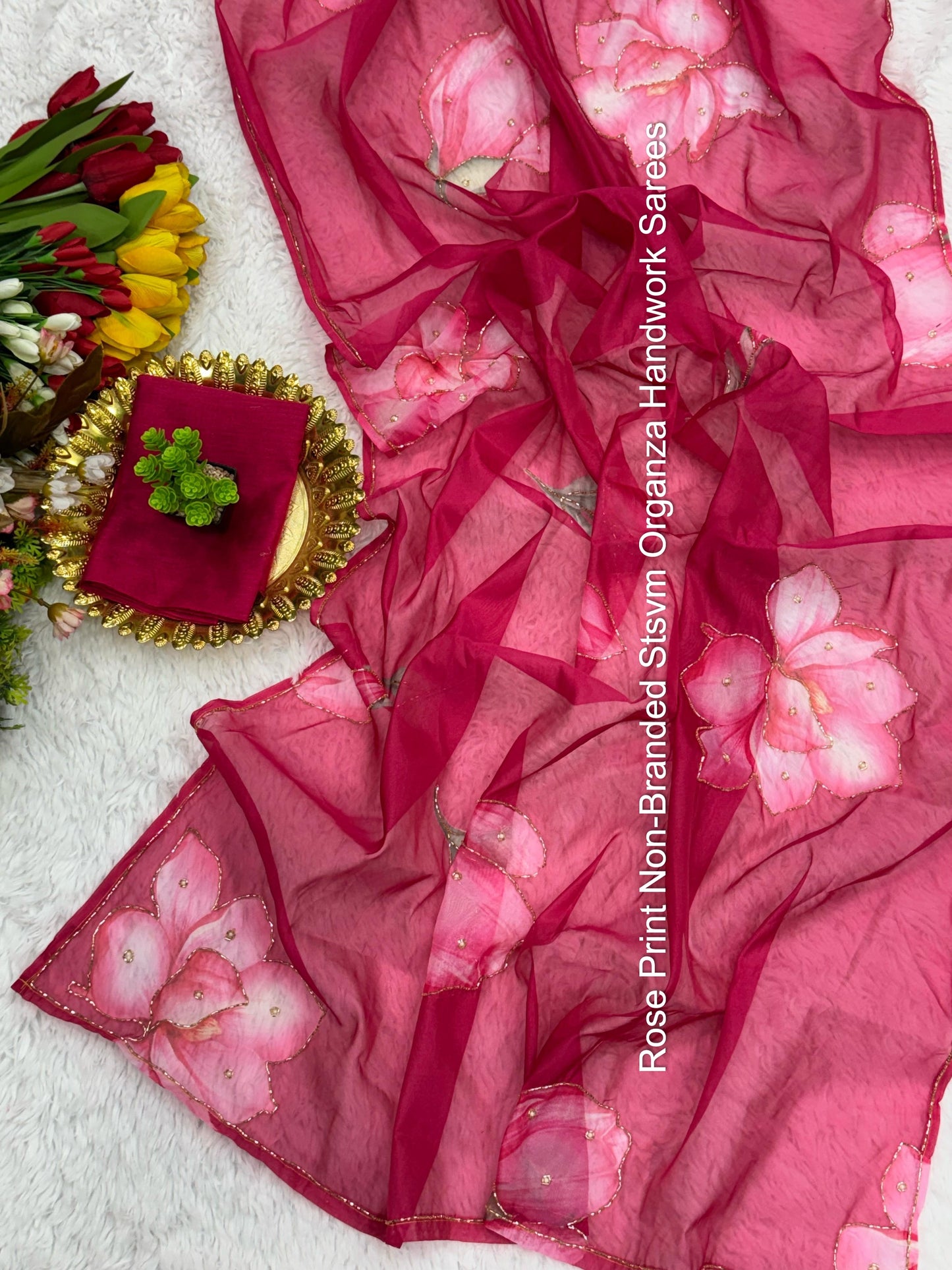 Rose Print Non-Branded Stsvm Organza Handwork Sarees