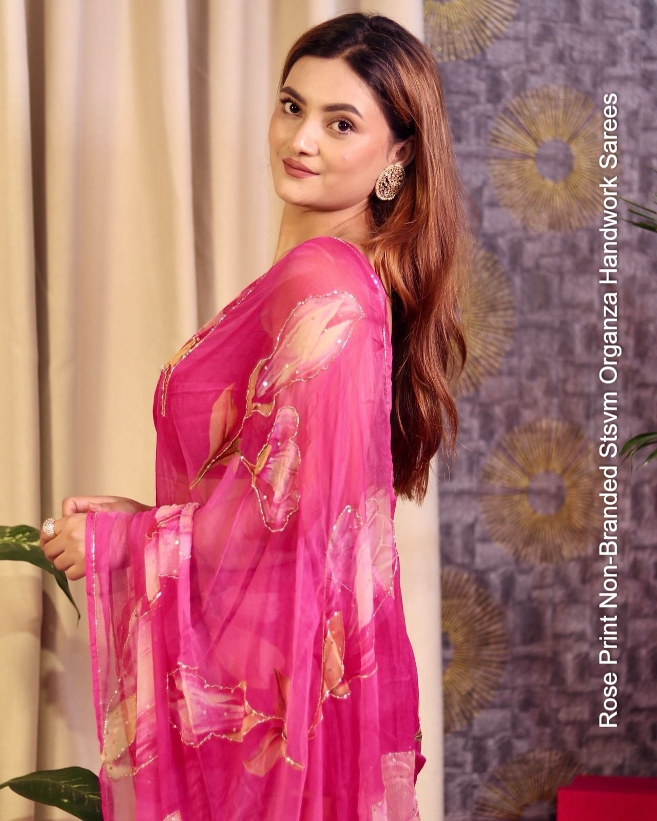 Rose Print Non-Branded Stsvm Organza Handwork Sarees