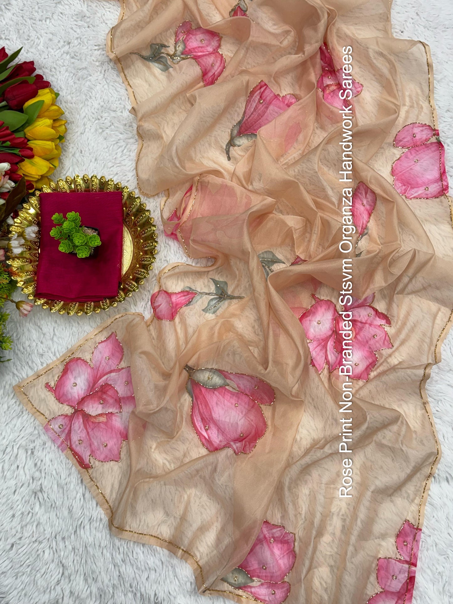 Rose Print Non-Branded Stsvm Organza Handwork Sarees