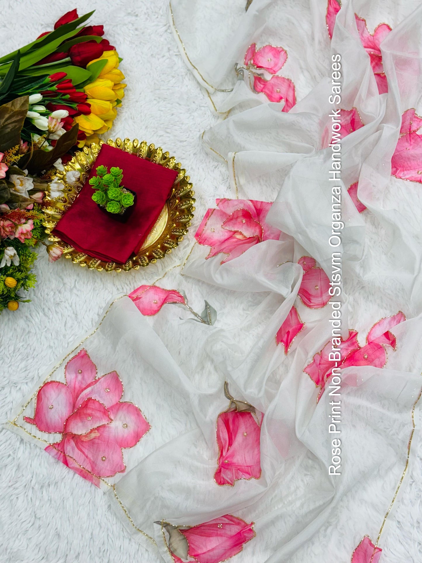 Rose Print Non-Branded Stsvm Organza Handwork Sarees