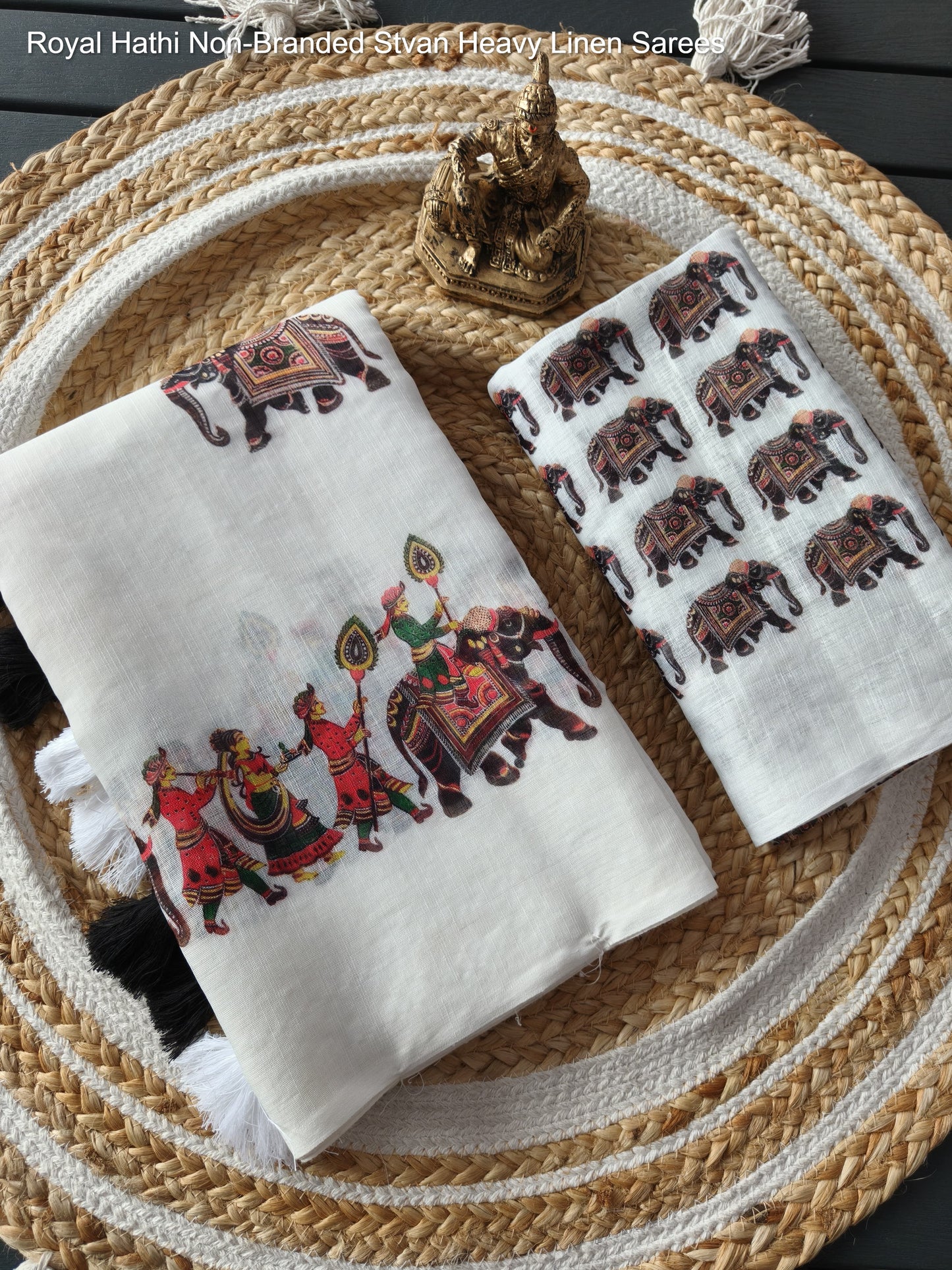 Royal Hathi Non-Branded Stvan Heavy Linen Sarees