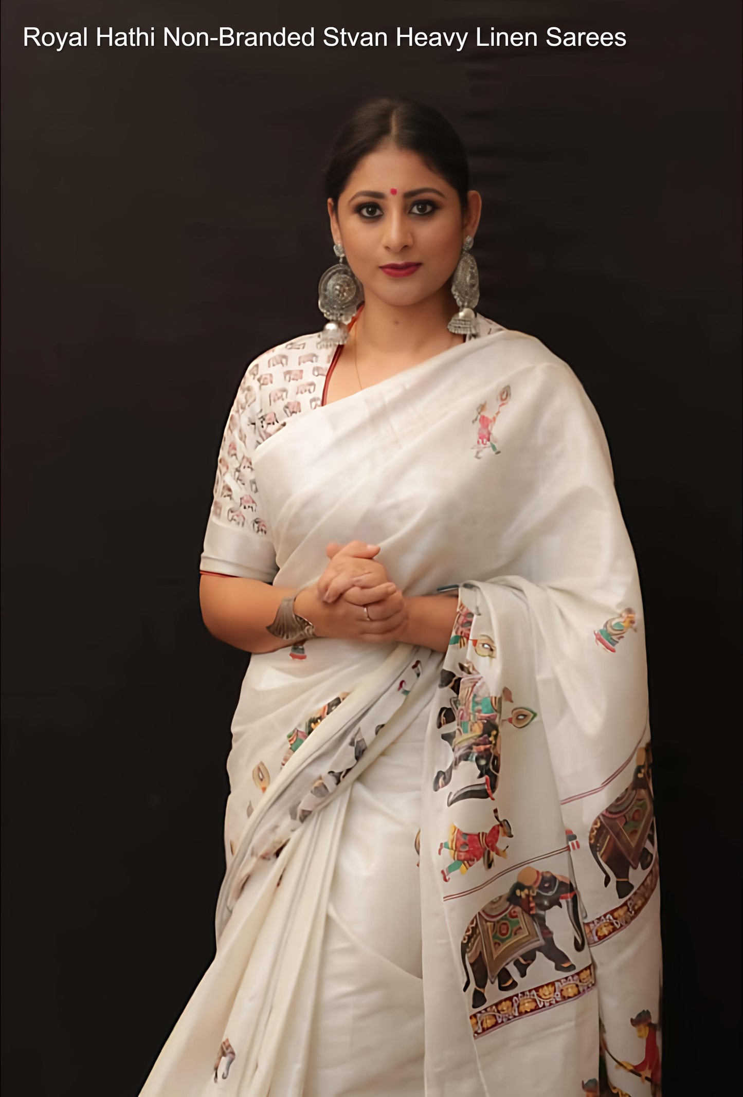 Royal Hathi Non-Branded Stvan Heavy Linen Sarees