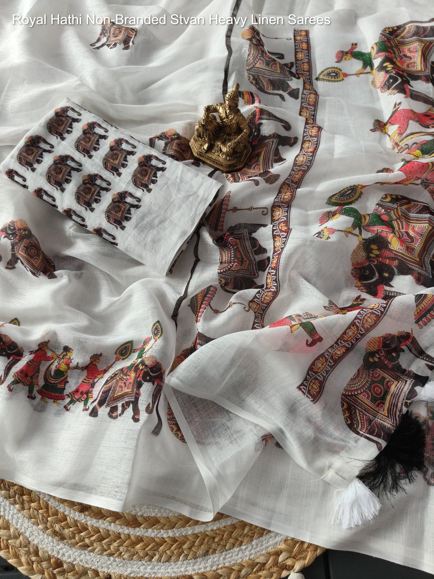 Royal Hathi Non-Branded Stvan Heavy Linen Sarees