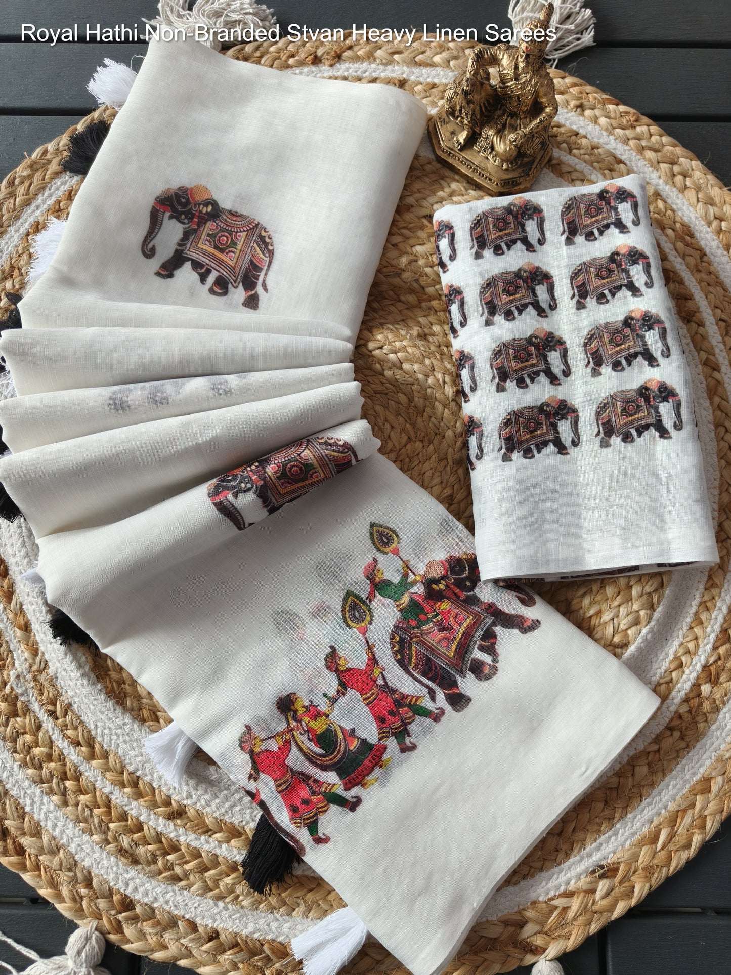 Royal Hathi Non-Branded Stvan Heavy Linen Sarees