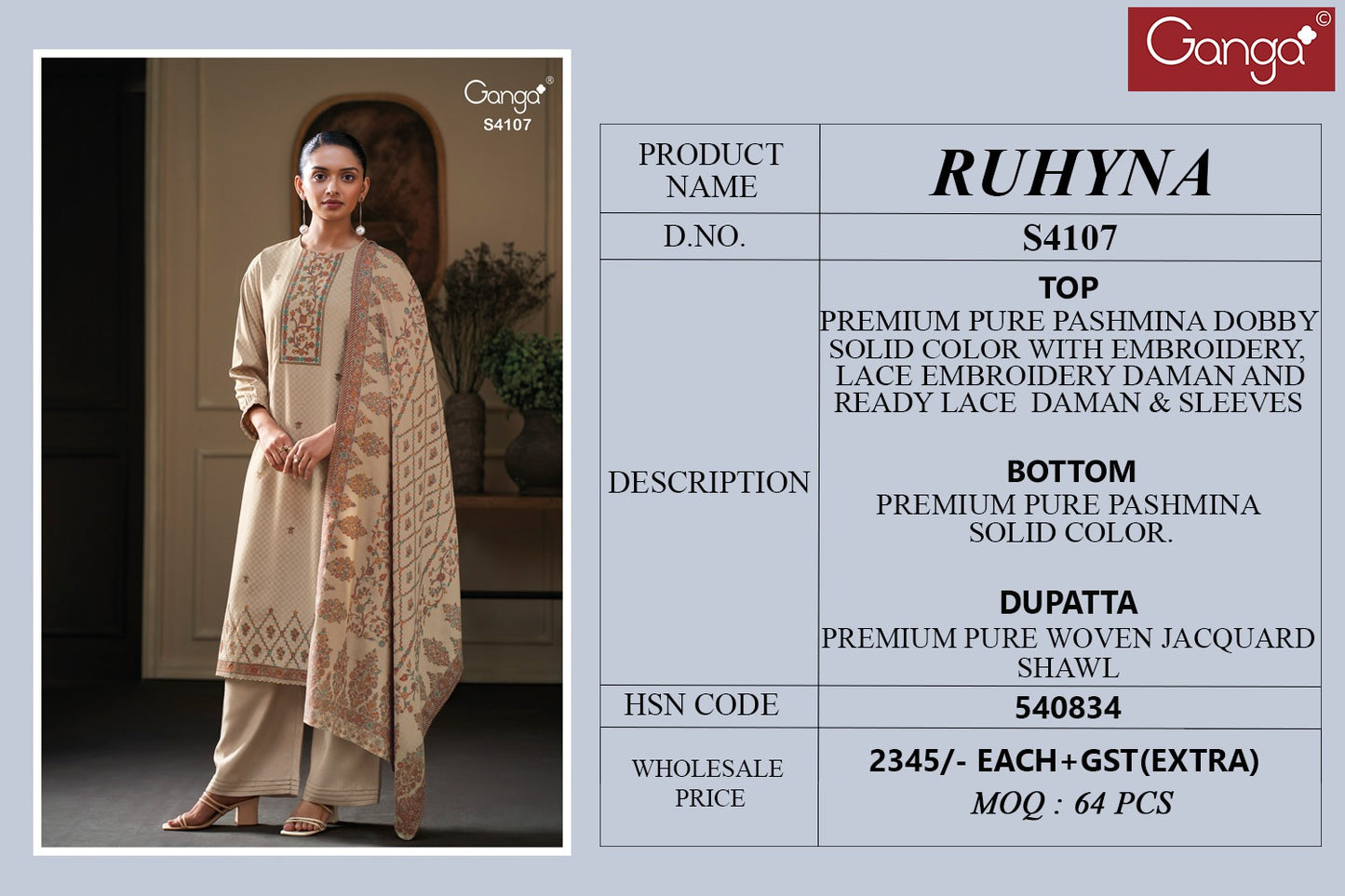 Ruhyna 4107 Ganga Embroidery Unstitched Suits