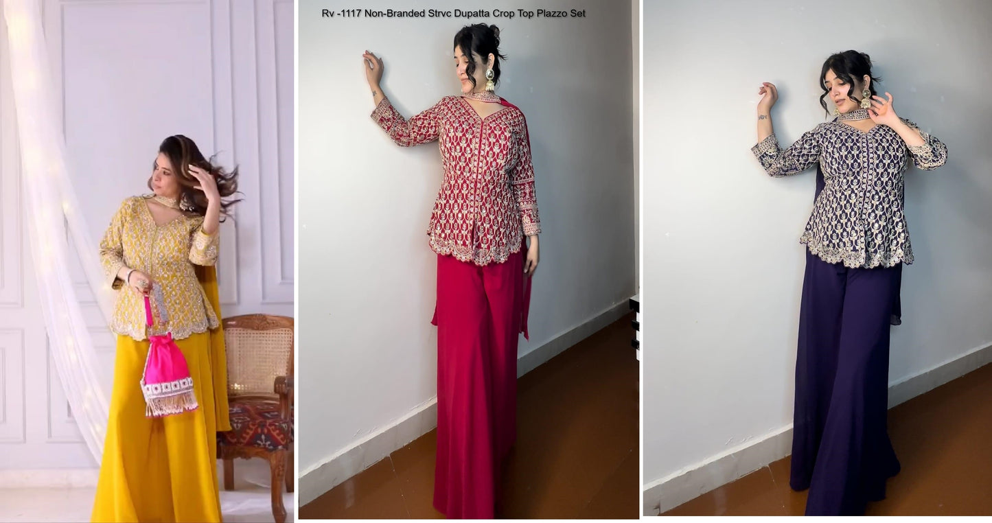 Rv -1117 Non-Branded Strvc Dupatta Crop Top Plazzo Set