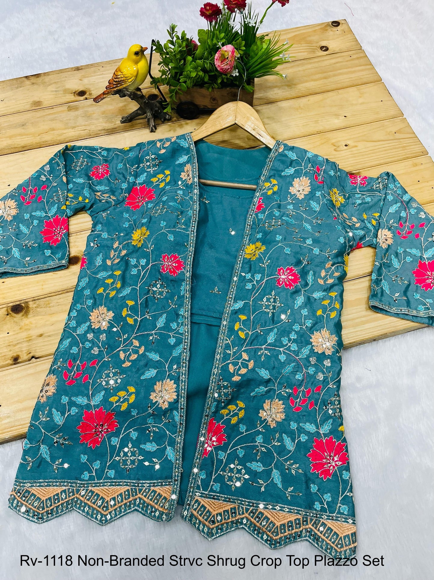 Rv-1118 Non-Branded Strvc Shrug Crop Top Plazzo Set