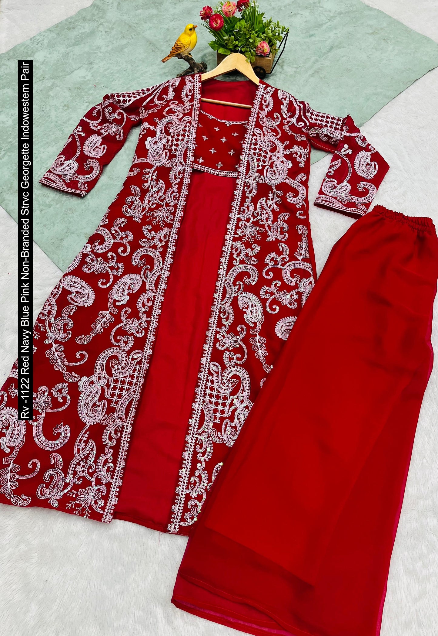 Rv -1122 Red Navy Blue Pink Non-Branded Strvc Georgette Indowestern Pair