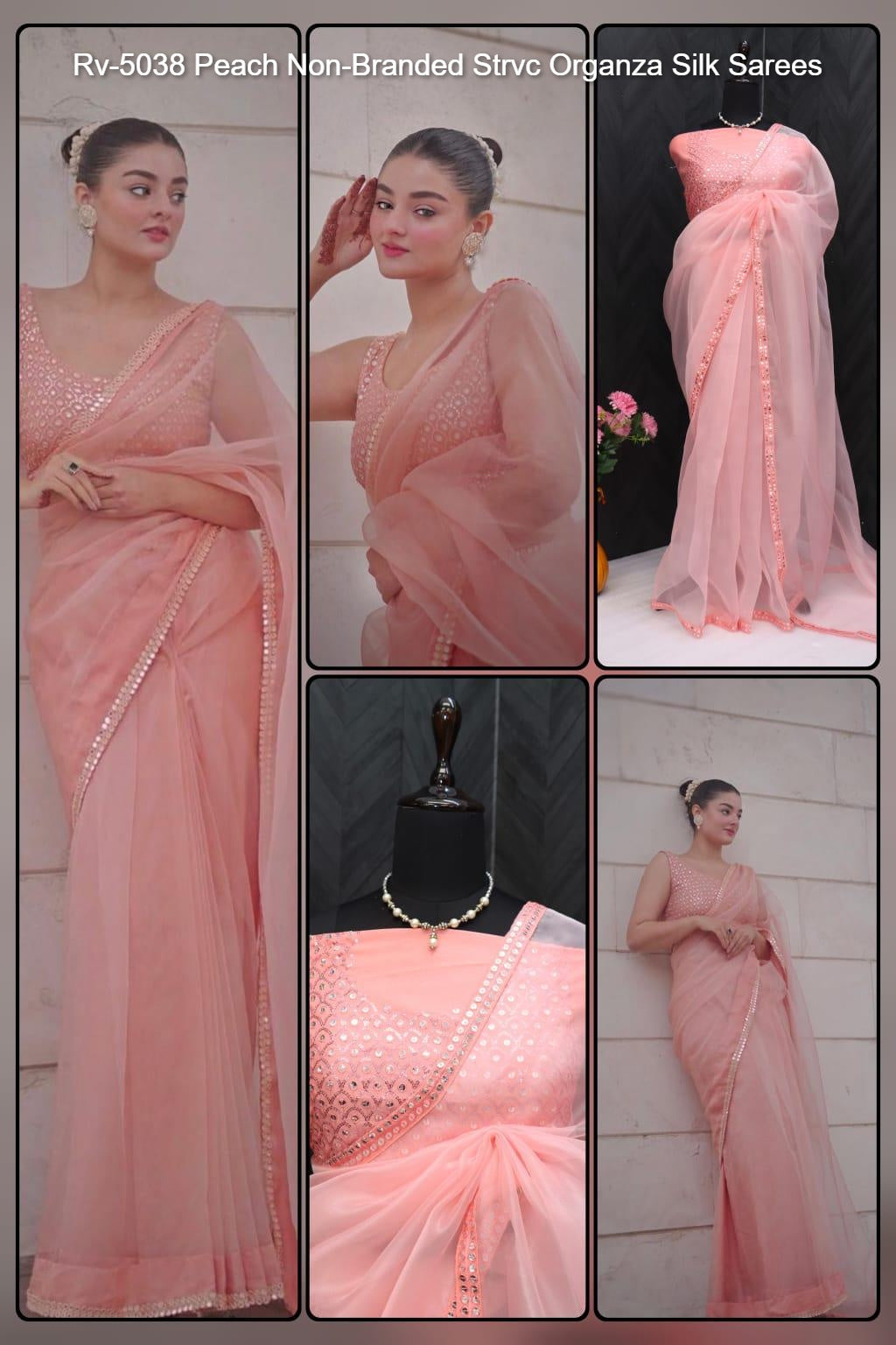 Rv-5038 Peach Non-Branded Strvc Organza Silk Sarees