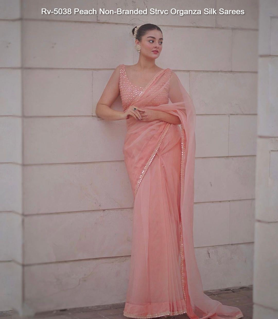 Rv-5038 Peach Non-Branded Strvc Organza Silk Sarees