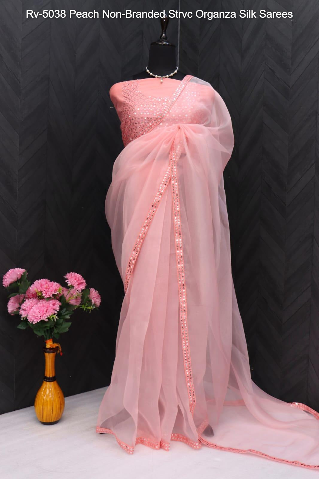 Rv-5038 Peach Non-Branded Strvc Organza Silk Sarees