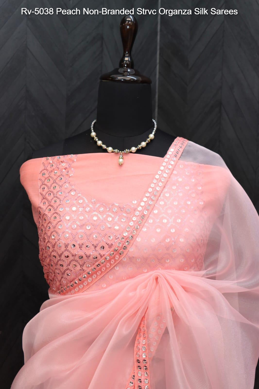 Rv-5038 Peach Non-Branded Strvc Organza Silk Sarees