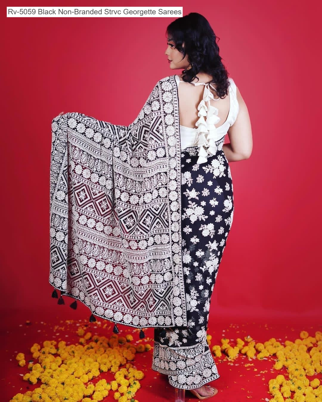 Rv-5059 Black Non-Branded Strvc Georgette Sarees
