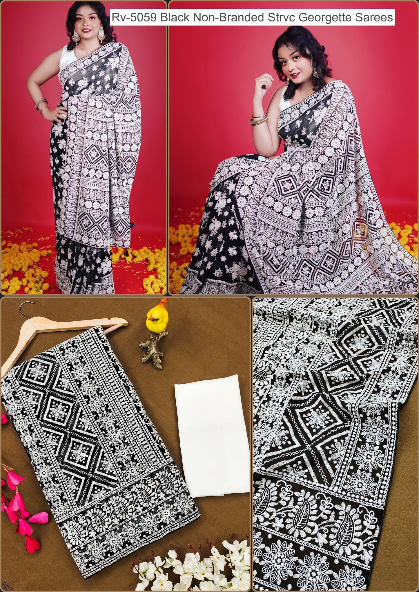 Rv-5059 Black Non-Branded Strvc Georgette Sarees
