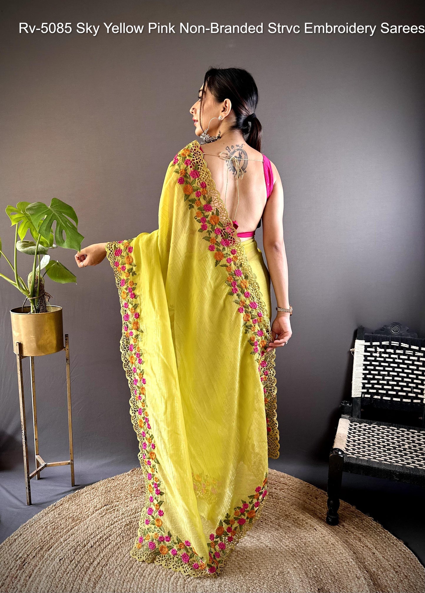 Rv-5085 Sky Yellow Pink Non-Branded Strvc Embroidery Sarees
