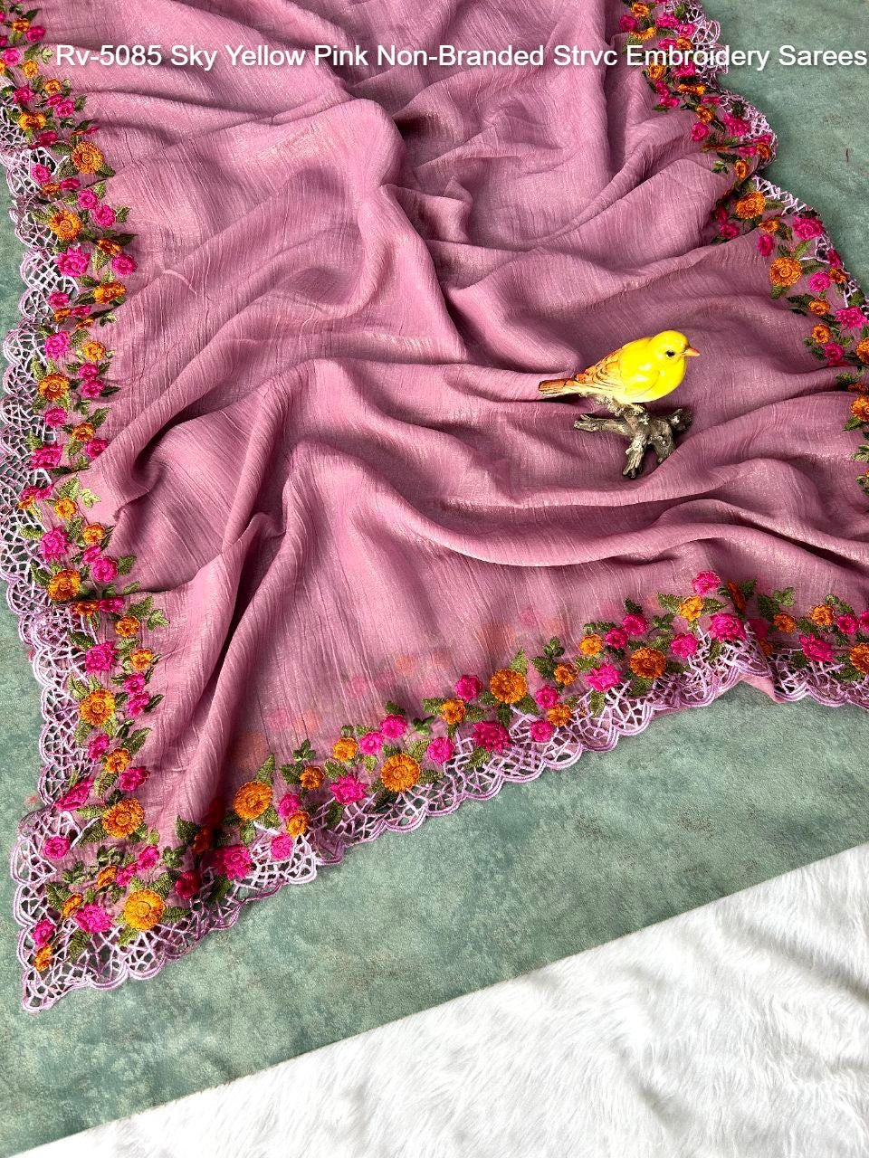 Rv-5085 Sky Yellow Pink Non-Branded Strvc Embroidery Sarees