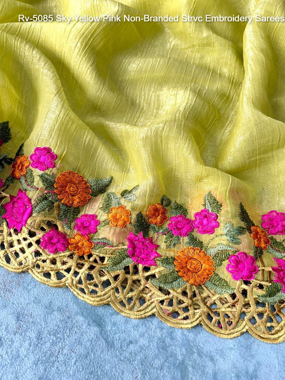 Rv-5085 Sky Yellow Pink Non-Branded Strvc Embroidery Sarees
