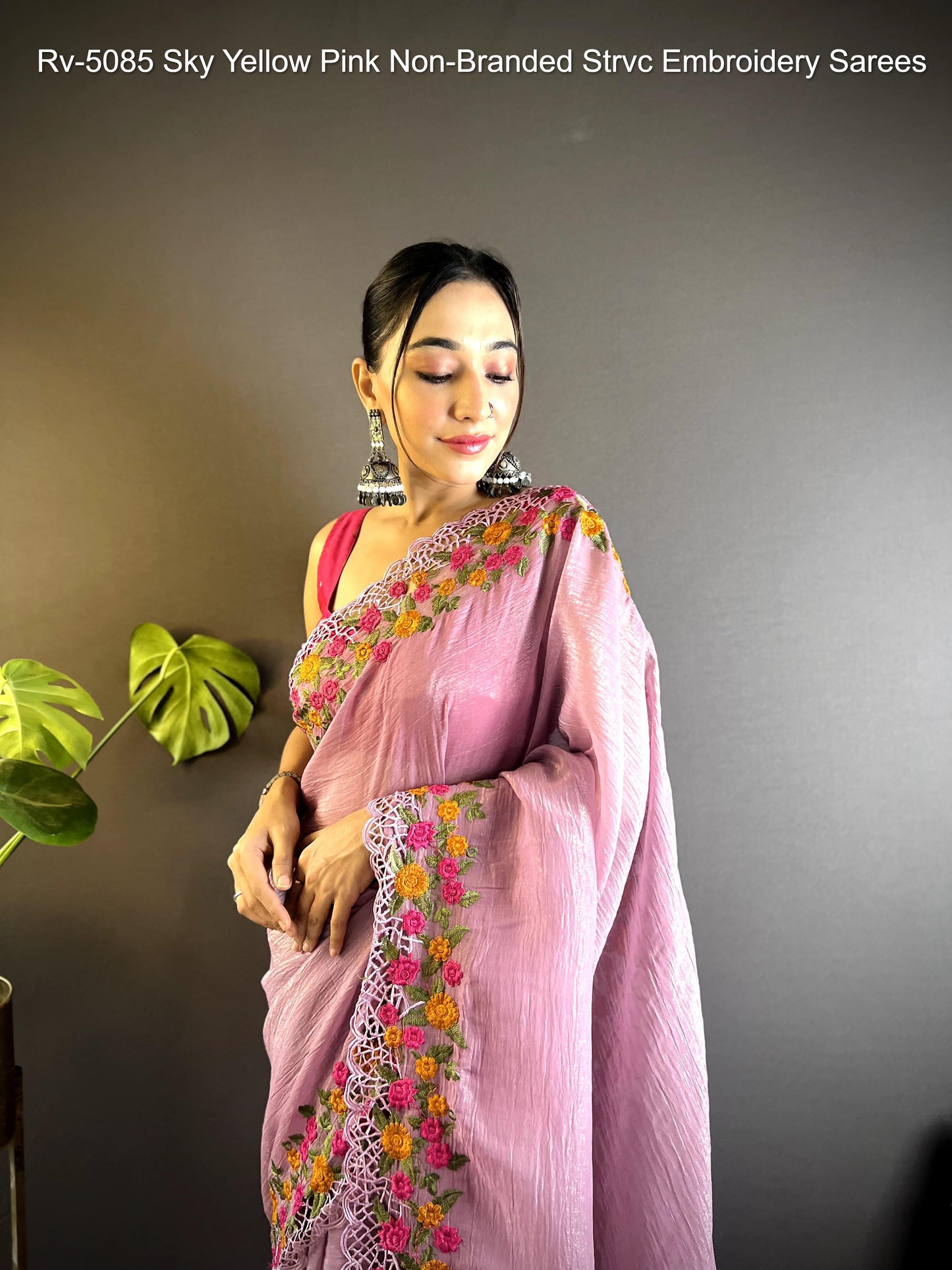 Rv-5085 Sky Yellow Pink Non-Branded Strvc Embroidery Sarees