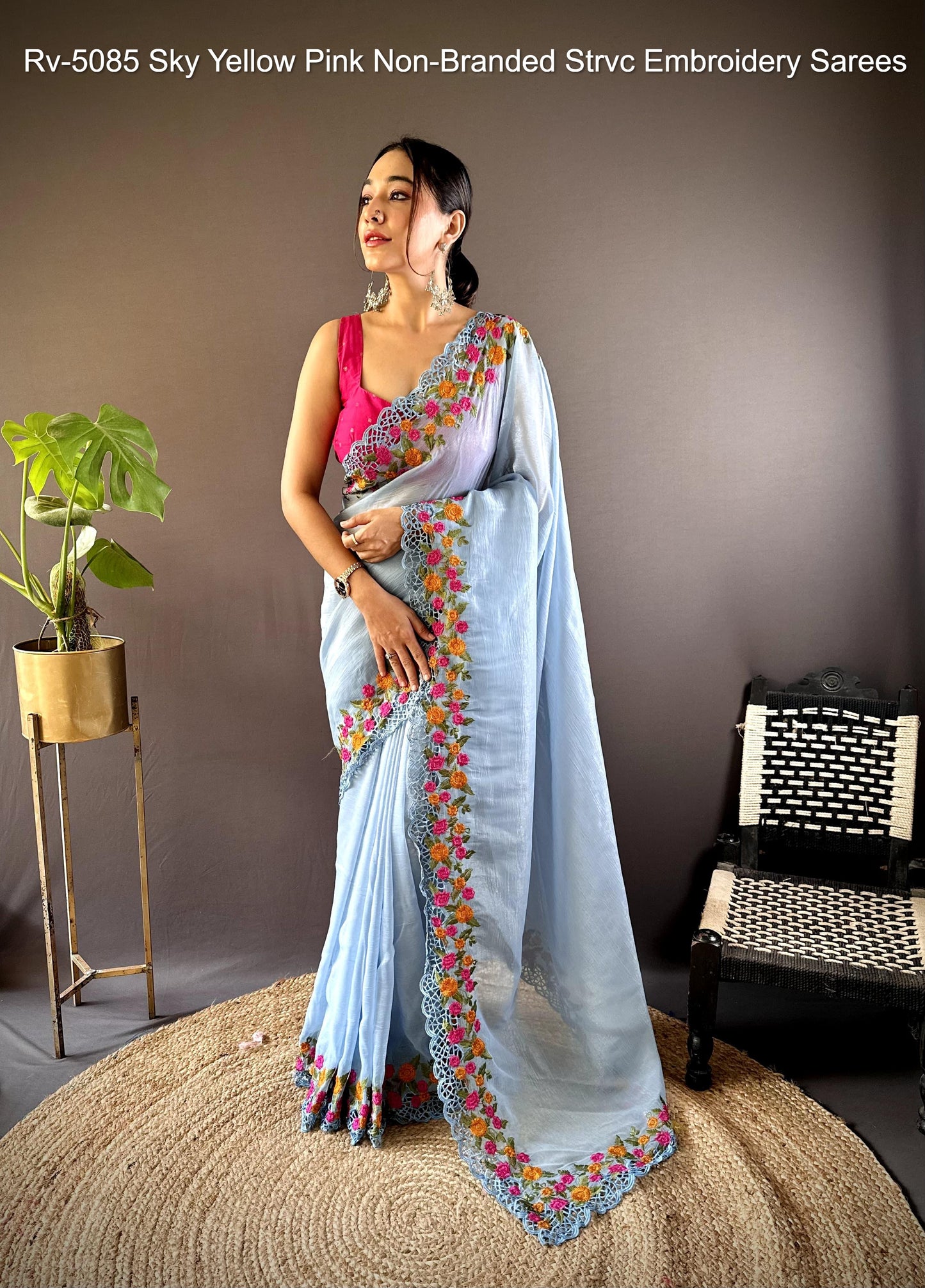 Rv-5085 Sky Yellow Pink Non-Branded Strvc Embroidery Sarees