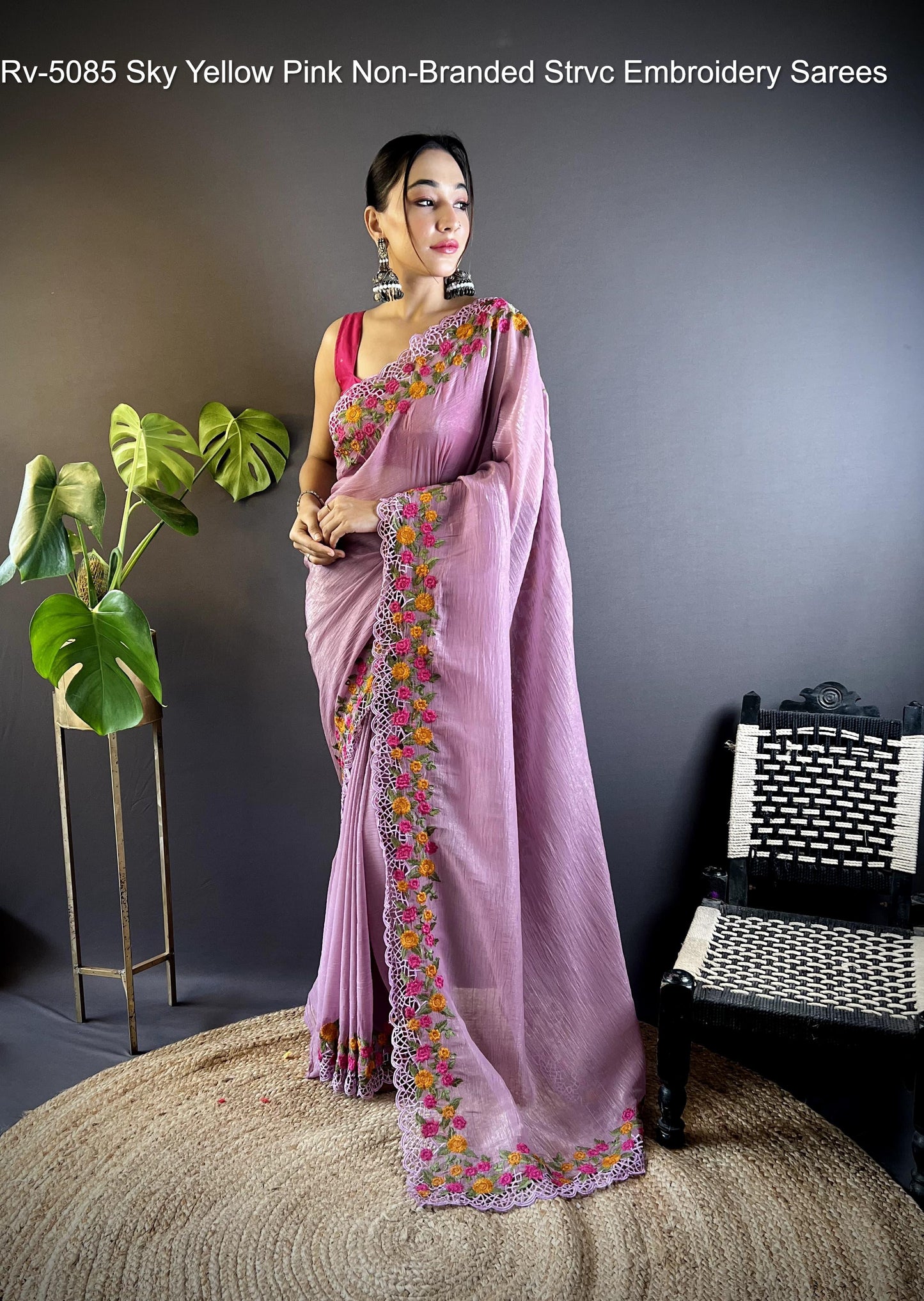 Rv-5085 Sky Yellow Pink Non-Branded Strvc Embroidery Sarees